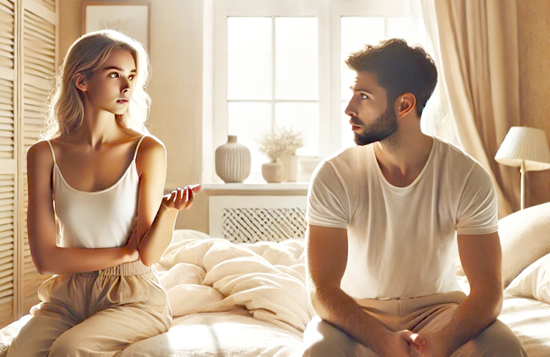 young couple sitting on their bed