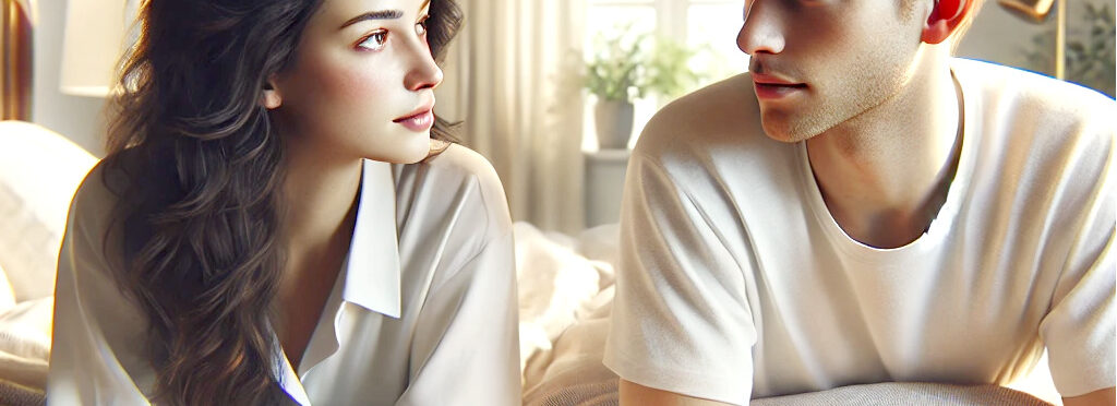 young couple talking about sex in bedroom