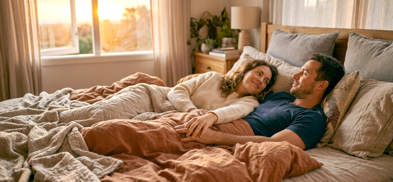 Couple lying in bed holding hands with sunset light coming through window